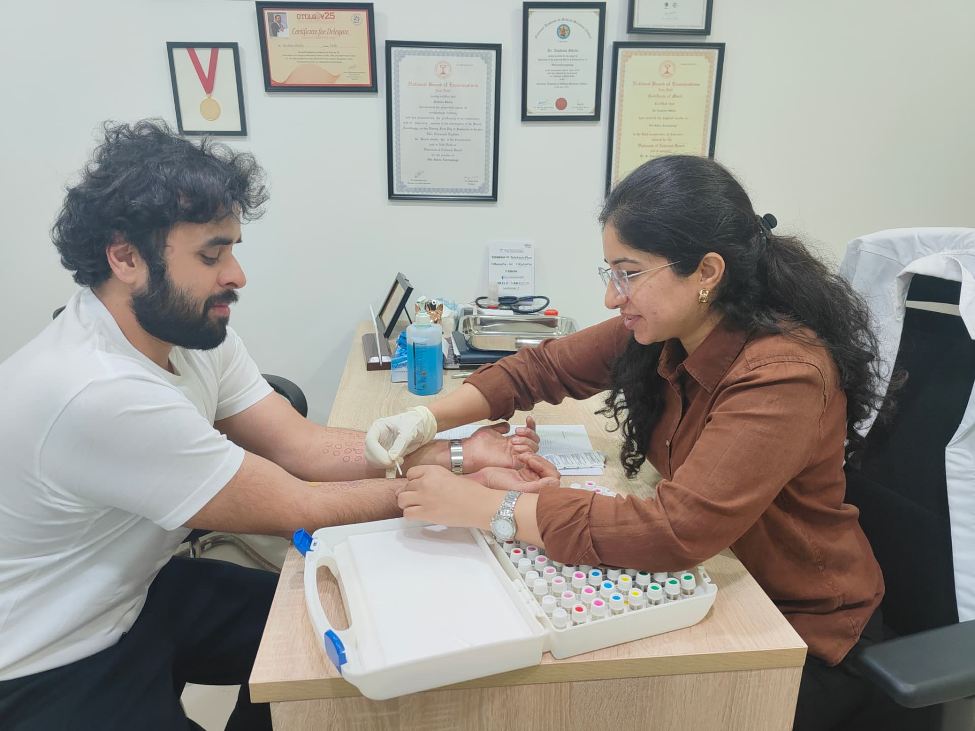 Skin prick allergy test being performed at ENT Care Clinic