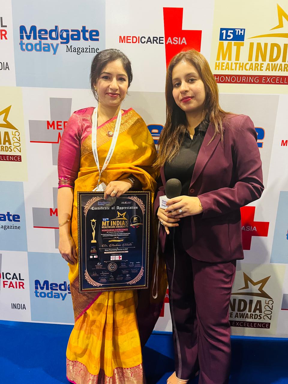 Dr. Aashima Chopra with her MT India Healthcare Awards certificate of appreciation
